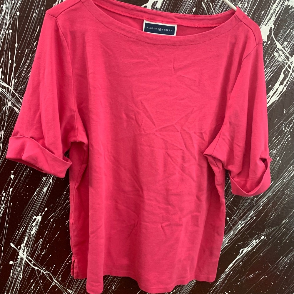 Karen Scott Womens XL Pink Cotton Boat Neck Cuffed Short Sleeve Top Tee 22351
